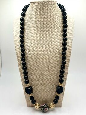 Vintage black bead necklace cloisonné focal bead gold tone accents
